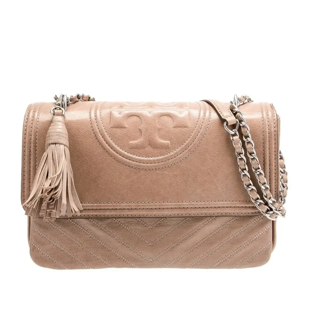 Tory Burch Tan Leather Silver Accent Shoulder Crossbody Bag